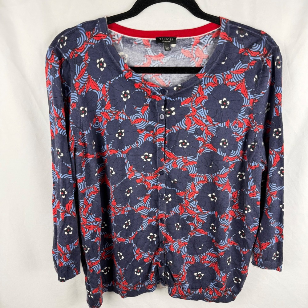 Talbots Blue Red Floral Classic Cardigan 2X Petite Preppy Colorful Retro Boho
